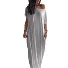 Vestido maxi genérico com ombro largo, manga em forma de asa de morcego, poliéster cinza