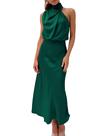 Vestido maxi Mettclasi sem mangas, gola alta, cetim, verde escuro