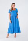 Vestido Maxi Midi com Manga - Gola Quadrada Cintura Franzida e Barra de Babado Azul Sofia