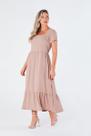 Vestido Maxi Midi com Manga - Gola Quadrada Cintura Franzida e Barra de Babado Bege Sofia