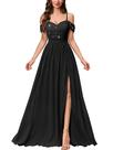 Vestido maxi Miusol Off Shoulder, lantejoulas, dividido, preto, feminino Vestido maxi Miusol Off Shoulder, lantejoulas, dividido, preto, feminino