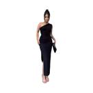 Vestido Maxi Preto Feminino Sem Mangas Costas Nuas Fenda Ombro a Ombro Verão Streetwear Festa Balada
