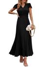Vestido maxi PRETTYGARDEN feminino, verão 2025, decote em V, babado, preto