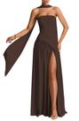 Vestido maxi PUXIU Bridesmaid, cachecol de cetim, gola, aline, marrom