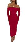 Vestido Maxi Rojo PRETTYGARDEN con Hombros Descubiertos, Fruncido y Abertura, Talla L