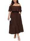 Vestido maxi SCOMCHIC, sem ombro, com babados, marrom, tamanho grande