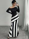Vestido Maxi Slim Em Patchwork Preto E Branco Para Mulheres, Moda Casual Elegante De Outono