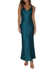 Vestido maxi VUBIYA, elegante de cetim, decote em V, sem encosto, azul-petróleo, feminino