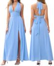 Vestido maxi XinFsh Summer Halter com decote em V profundo, azul com fenda alta