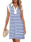 Vestido MEROKEETY 2025 de verão, manga curta, decote em V, listrado, azul