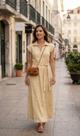 Vestido Midi,Alfaiataria,Amarelo,Pespontado,Manga Curta,Cinto Tecido-BM1360A