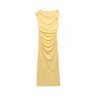 Vestido Midi Amarelo Sem Mangas Assimétrico Com Drapeado E Fenda Para Mulheres - Elegante Vestido De