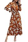 Vestido Midi Boho de Manga Longa com Folhas Marrons PRETTYGARDEN Tamanho L