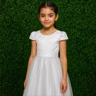 Vestido Midi Branco de Luxo com Tule Brilhante e Faixa Fixa Infantil Dama de Honra REF4092