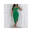 Vestido Midi Canelado Verde com Fenda Lateral e Decote Vazado Ajustado ao Corpo Tamanho Único Elegan