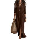 Vestido midi casual marrom feminino com manga 3/4 e modelagem solta