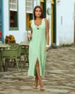 Vestido Midi Cavado em Linho com Fenda Frontal e Top com Detalhe de Concha - Monami - Cru Off White / Verde Menta