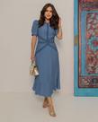 Vestido Midi, Crepe Indico, Azul, Entremeios, Manga Bufante, Forro, Fechamento Zíper, Kauly BM1331