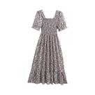 Vestido Midi de Chiffon Casual para Verão - Manga Curta e Gola Quadrada Vestido Midi de Chiffon Casual para Verão - Manga Curta e Gola Quadrada