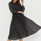 Vestido Midi De Chiffon Com Manga Longa Para Mulheres, Estampa De Poá, Decote Redondo, Cintura Alta,