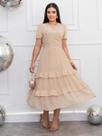 Vestido Midi de Festa Casamento Madrinha Delicado Manga Curta Soltinho Moda Evangélica Cor:BegeTamanho:GG Vestido Midi de Festa Casamento Madrinha Delicado Manga Curta Soltinho Moda Evangélica Cor:BegeTamanho:GG