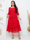 Vestido Midi de Festa Elegante com Manga Decote Quadrado Madrinha Casamento Cor:VermelhoTamanho:GG