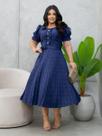 Vestido Midi Elegante Plissado Manga Princesa com Babado e Botão Brilho