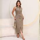 Vestido Midi Elegante Zíper Sarja Cáqui