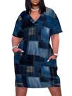 Vestido midi EQQZD Plus Size com estampa de jeans sintético com decote em V para mulheres