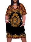 Vestido midi EQQZD, tamanho grande, feminino, estampa de tigre, decote em V, preto