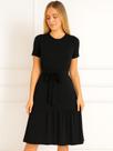 Vestido Midi Feminino com Amarração na Cintura, Manga Curta em Malha Confortável Vestido Midi Feminino com Amarração na Cintura, Manga Curta em Malha Confortável