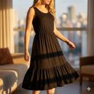 Vestido Midi Feminino Rechsul Sem Mangas Babados Preto