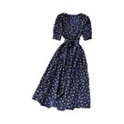Vestido Midi Floral De Verão Para Mulheres Com Decote Em V, Mangas Bufantes E Cinto, Estampa Boêmia