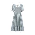 Vestido Midi Floral De Verão Para Mulheres, Manga Curta, Casual, Plissado, Gola Quadrada, Cintura