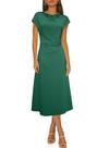 Vestido midi Happy Sailed, manga curta, gola alta, cintura franzida Vestido midi Happy Sailed, manga curta, gola alta, cintura franzida