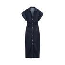 Vestido Midi Jeans Série 1975 Nova Coleção Primavera Com Lapela, Zíper Lateral, Cintura Franzida,