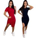 Vestido Midi Justo Fenda Frontal Manga Curta