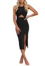 Vestido Midi Justo Sem Mangas com Recorte e Tricô Canelado Preto