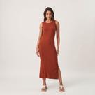 Vestido Midi Malha Canelado Decote Redondo Fendas Marrom Terroso