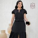 Vestido Midi, Malha Fluity, Preto, Fenda Frontal, Cintura Elástico e Babado, Gola Detalhes V, Criss. BM1346P Tam U P/GG