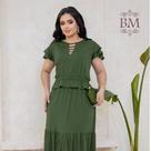 Vestido Midi, Malha Fluity, Verde, Fenda Frontal, Cintura Elástico e Babado, Gola Detalhes V, Criss. BM1346V Tam U P/GG