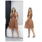 Vestido Mídi Manga Princesa tule Poa Forrado Canelado com Cinto no Meio Moda Evangélica