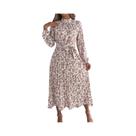 Vestido Midi Plissado Floral Feminino Com Gola Alta, Zíper Frontal E Cinto Na Cintura, Manga Longa Vestido Midi Plissado Floral Feminino Com Gola Alta, Zíper Frontal E Cinto Na Cintura, Manga Longa