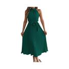 Vestido Midi Plissado Sem Mangas Com Decote Halter Para Mulheres, Vestido De Praia Fluido Com Cinto Vestido Midi Plissado Sem Mangas Com Decote Halter Para Mulheres, Vestido De Praia Fluido Com Cinto