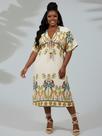 Vestido Midi Plus Size Soltinho Manga Curta Tendência Verão Estampa Boho Tropical Elastico Na Cintura Casual Fresquinho