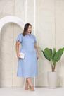 Vestido Midi, Plus, Viscojeans, Azul Claro, Manga Sino, Amarração Decote, Lastex Cintura, Bolsos, Rosarrara BM1336A