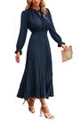 Vestido Midi PRETTYGARDEN 2025 Azul Marinho Decote V Manga Longa