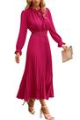 Vestido Midi PRETTYGARDEN Swiss Dot com Amarração, Decote V, Manga Longa, Vermelho Rosado, Tamanho L