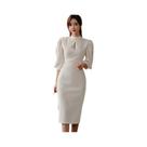 Vestido Midi Slim Bodycon Com Gola Alta E Mangas Bufantes Para Mulheres, Vestidos Casuais Em Cores