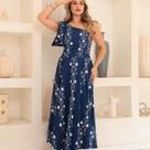 Vestido midi tricôline estampado com laço um ombro